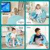 Kids armchair in blue with cute patterns, featuring soft sponge filling and ergonomic design for comfortable sitting.