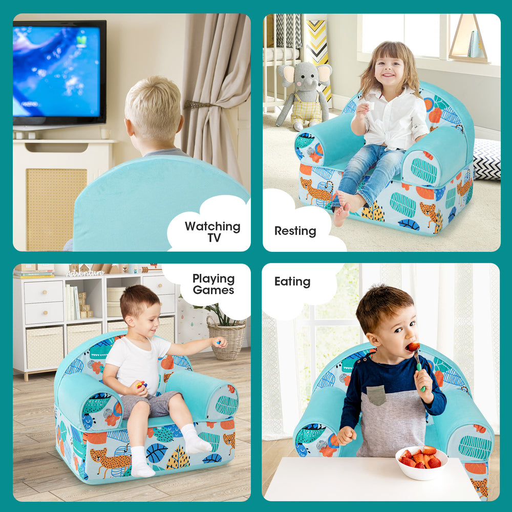 Kids armchair in blue with cute patterns, featuring soft sponge filling and ergonomic design for comfortable sitting.