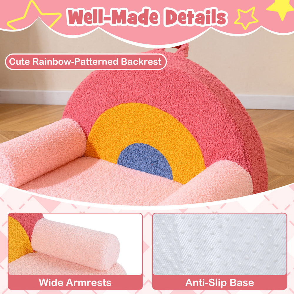 Toddler foam couch with rainbow-patterned backrest, soft fleece fabric, and anti-slip base for stable seating.