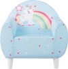 Kids sofa in blue with unicorn patterns, high-density sponge filling, and ergonomic backrest for comfort and support.