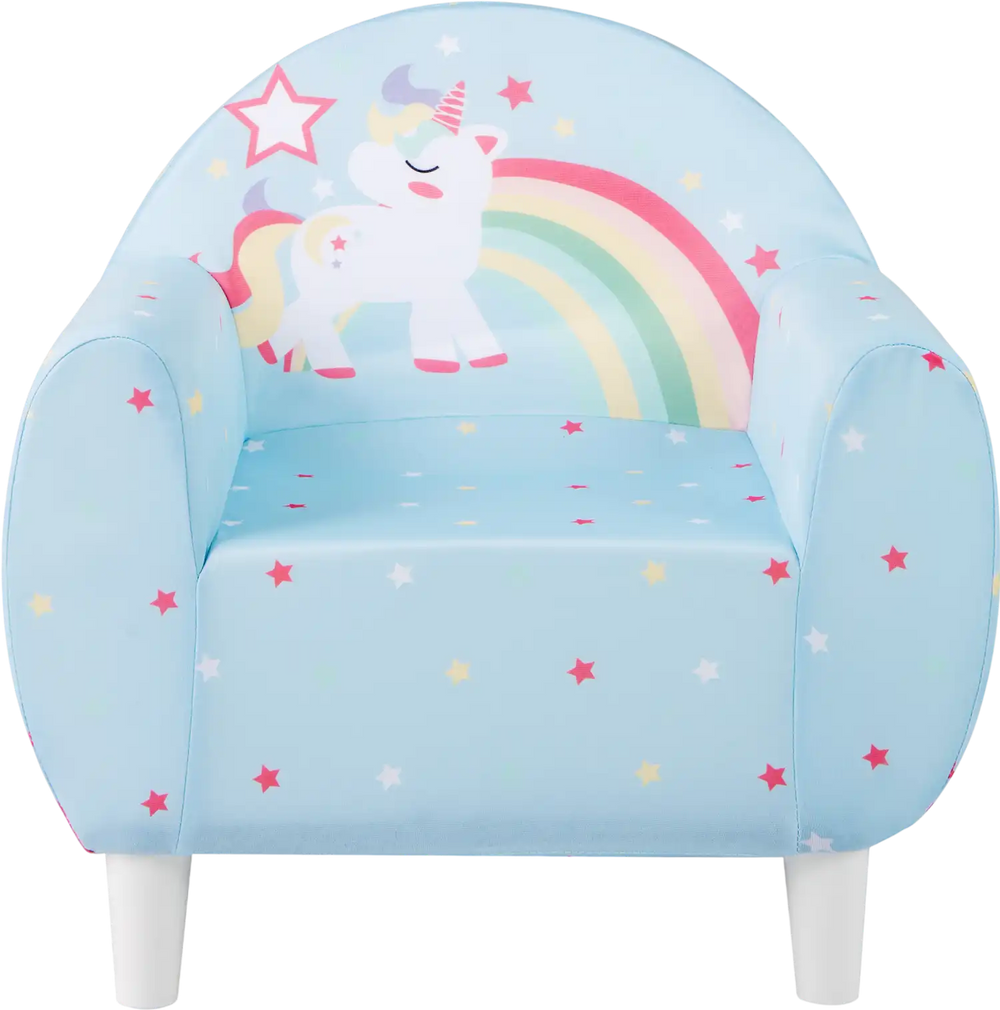 Kids sofa in blue with unicorn patterns, high-density sponge filling, and ergonomic backrest for comfort and support.