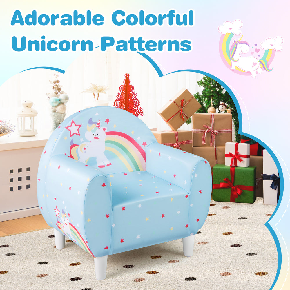 Kids sofa in blue with cute unicorn patterns, featuring breathable fabric and high-density sponge for comfort and.