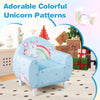 Kids sofa in blue with cute unicorn patterns, featuring breathable fabric and high-density sponge for comfort and.