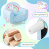 Kids sofa in blue with unicorn patterns, featuring a solid wooden frame and stable feet for safe, comfortable seating.