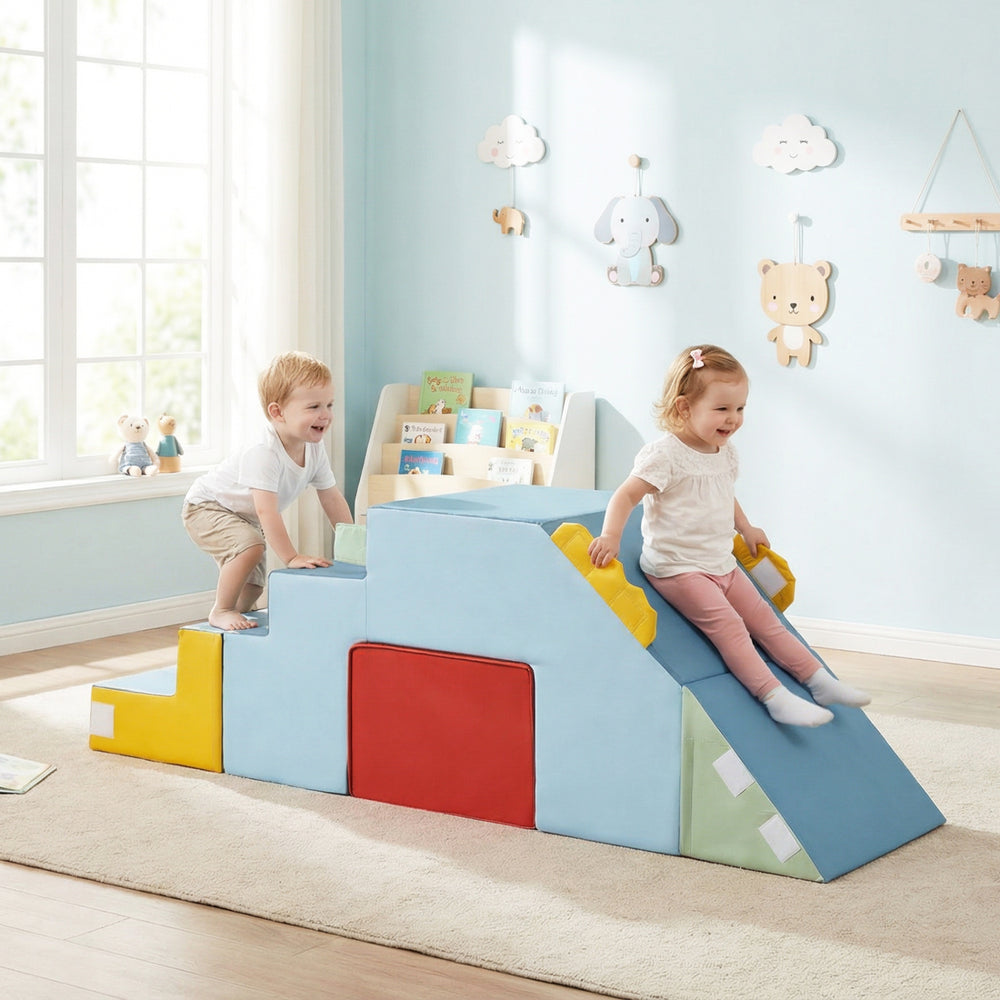 Kids soft foam blocks in blue, used as a slide and play set, featuring velvet covers for safe and comfortable play.