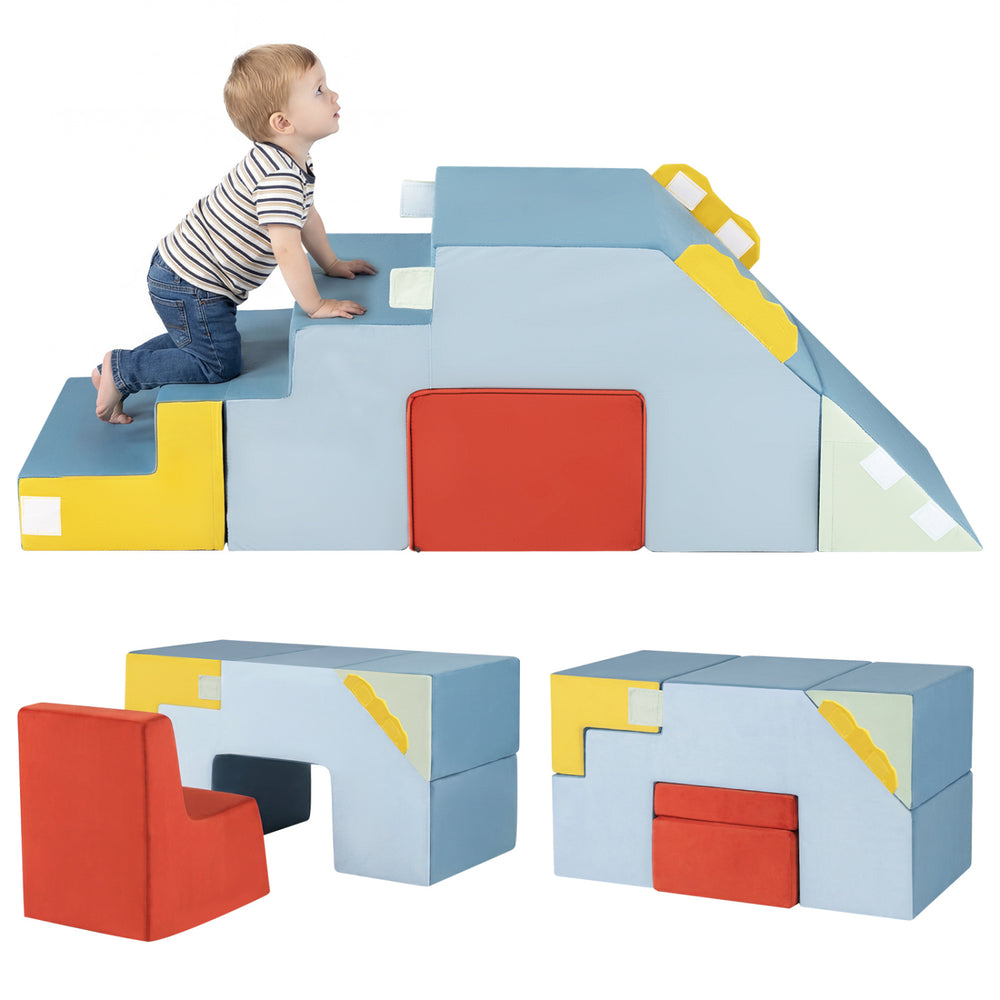 Kids soft foam blocks in blue, convertible into a slide and table & chair set, ideal for playrooms and safe play.