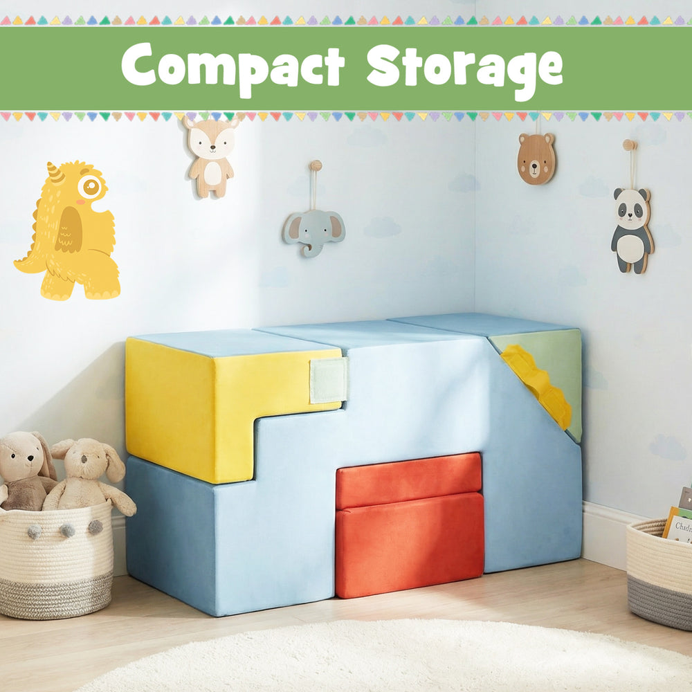 Kids soft foam blocks in blue with stackable design for compact storage, ideal for playrooms and safe play.