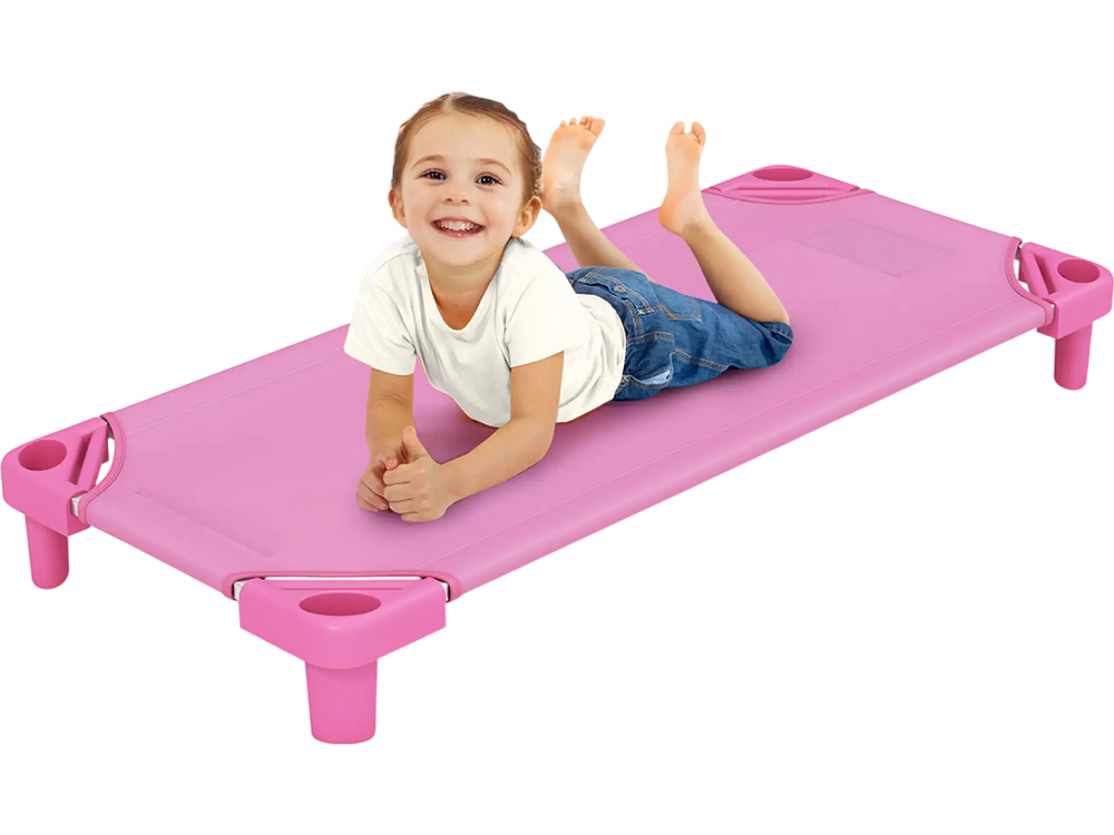 Kids stackable daycare cot in pink with detachable Oxford cloth, ideal for space-saving and easy cleaning.