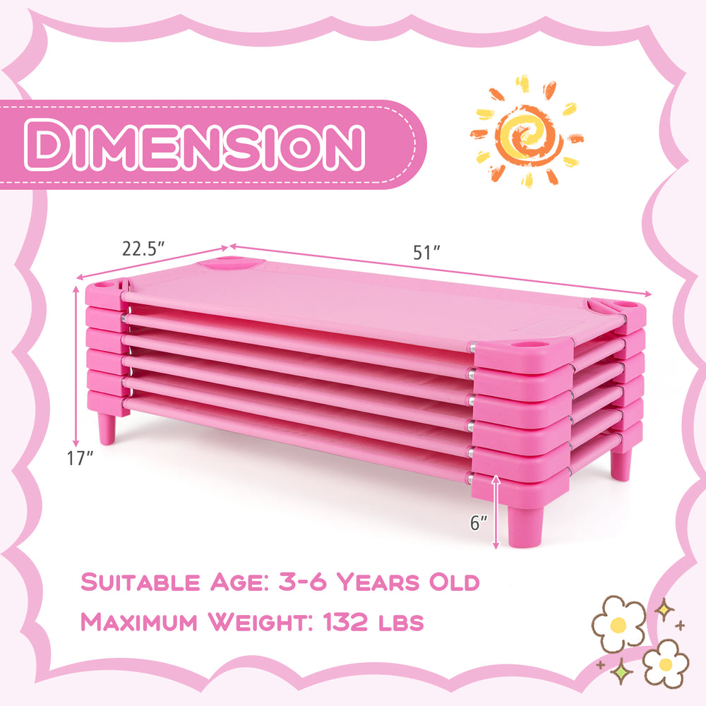 Kids stackable daycare cot in pink, featuring detachable Oxford cloth, designed for ages 3-6, supports up to 132 lbs.