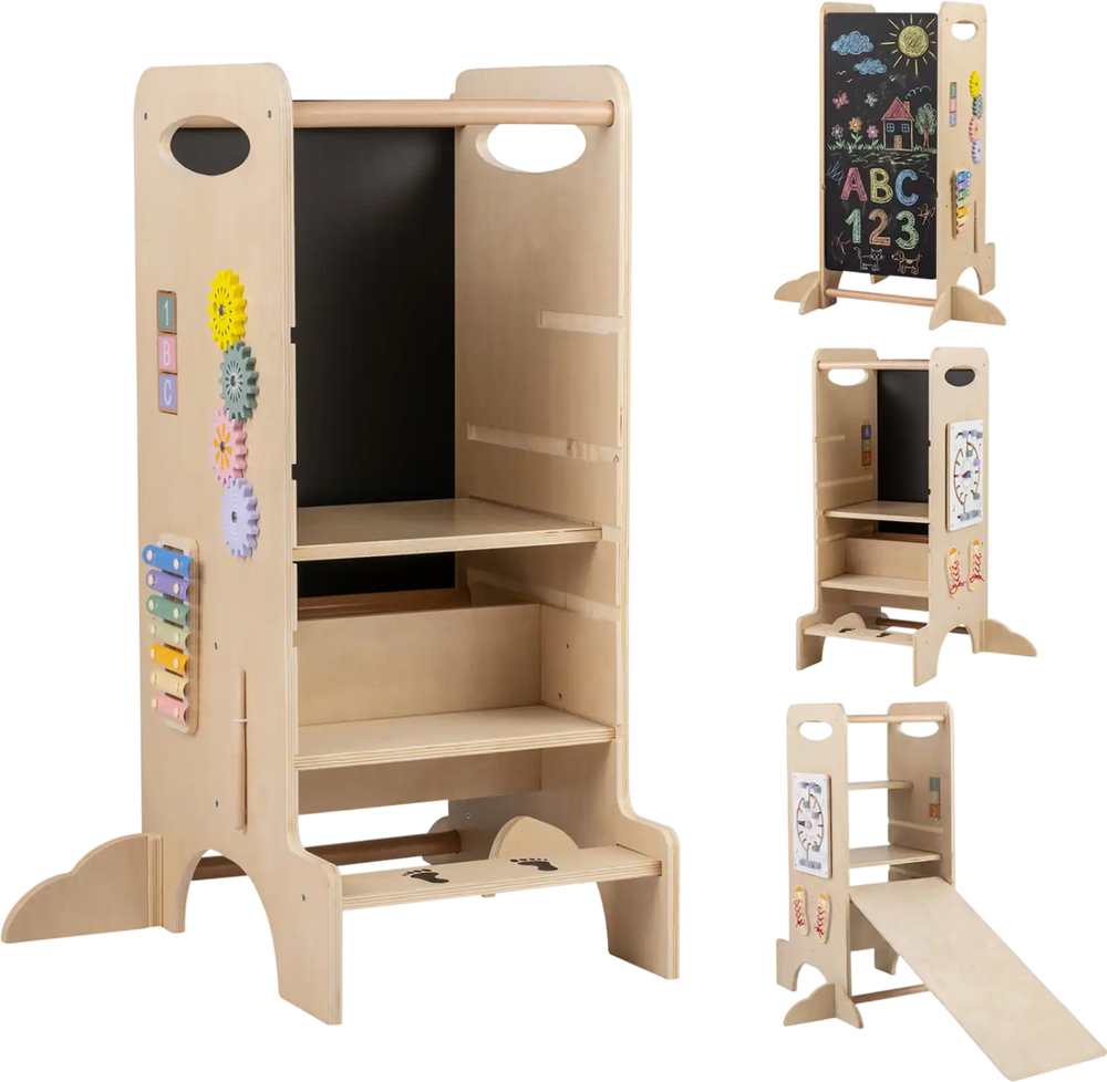 Kids Standing Tower with Detachable Chalkboard and Montessori Games for 3+ Years Old