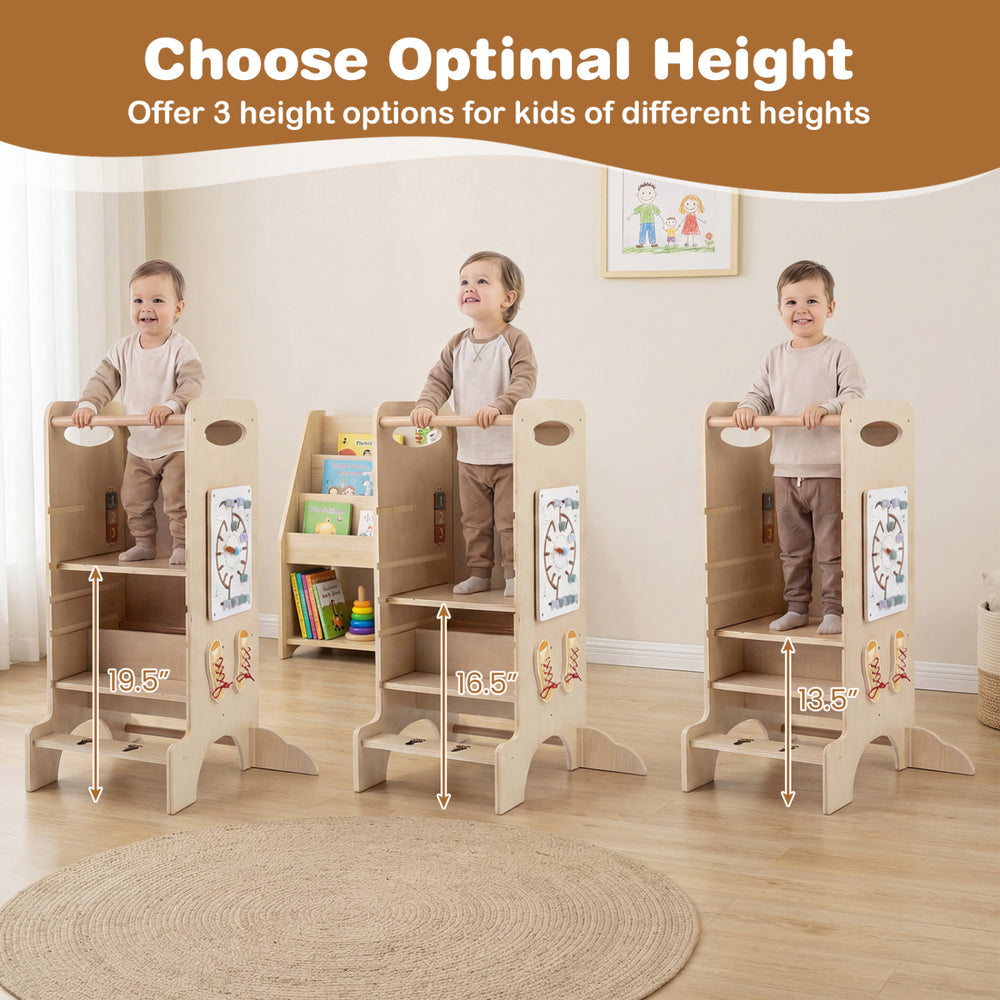 Kids standing tower with detachable chalkboard, featuring 3 height options for safe use and independence for ages 3+.