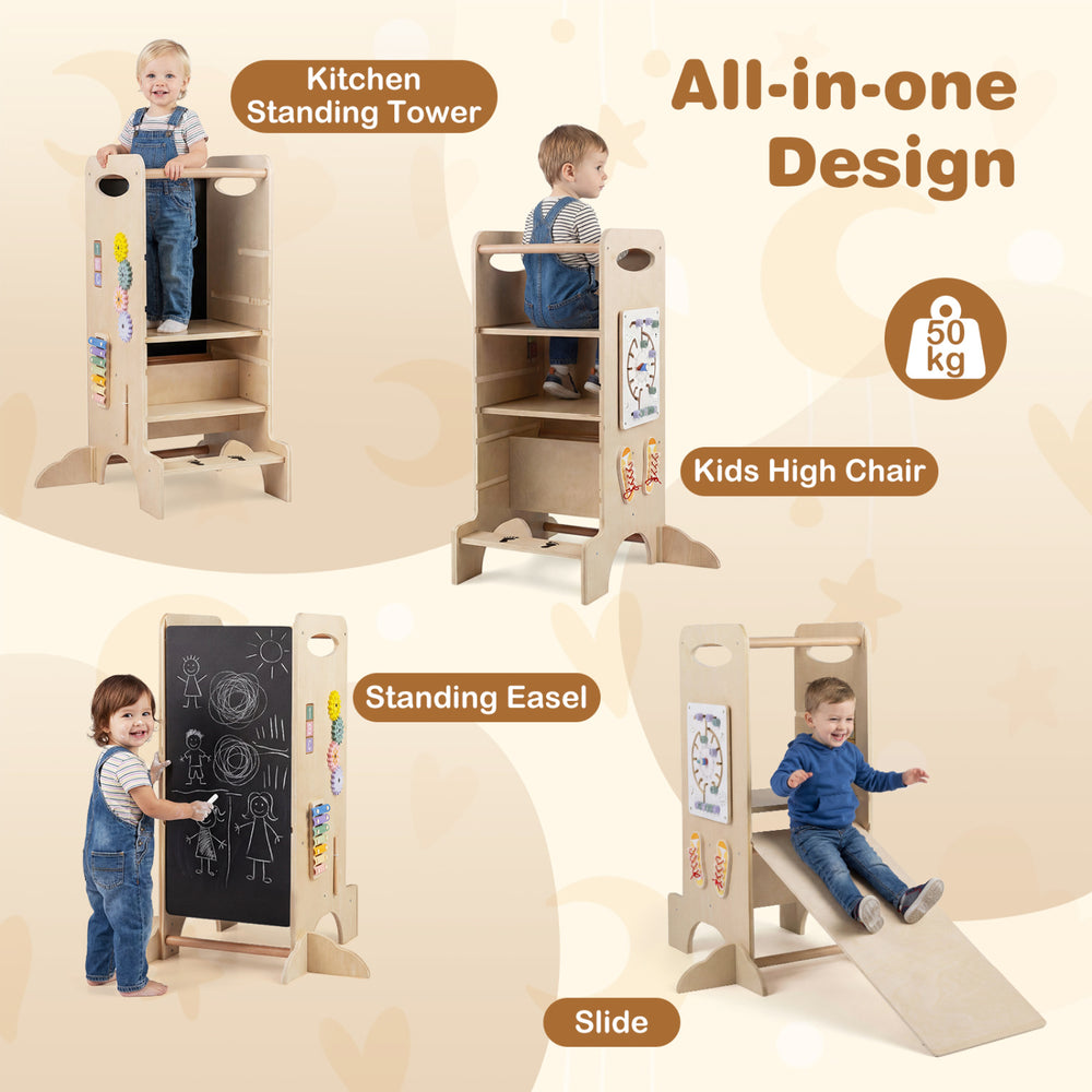 Kids standing tower with detachable chalkboard, high chair, and easel, designed for ages 3+ to promote independence.