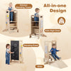 Kids standing tower with detachable chalkboard, beech wood guardrails, and multiple Montessori games for ages 3+.