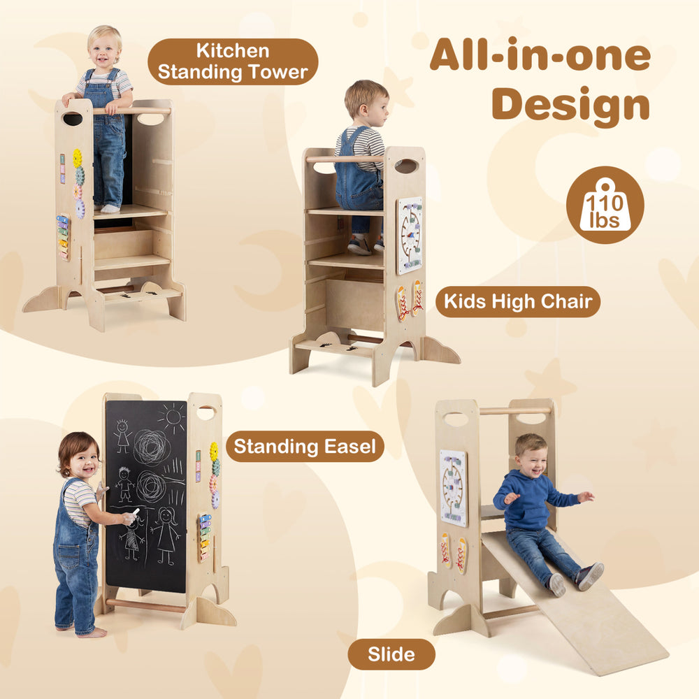 Kids standing tower with detachable chalkboard, beech wood guardrails, and multiple Montessori games for ages 3+.