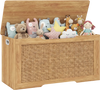 Kids storage bench with rattan texture, flip-top design, and toys inside, perfect for playrooms and bedrooms.
