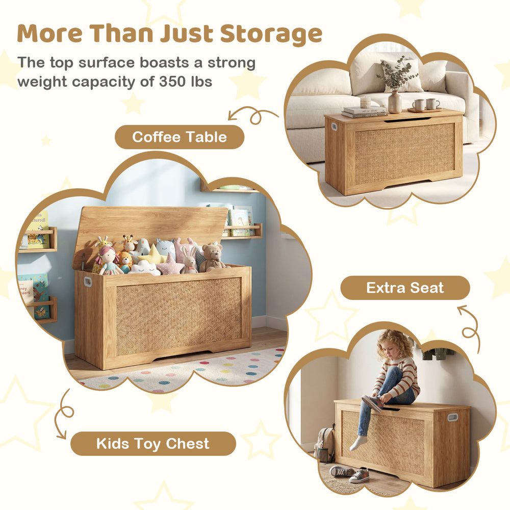 Kids storage bench with flip top, rattan texture, and handles, perfect for toys, shoes, or as a coffee table.