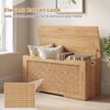 Kids storage bench with rattan texture, flip-top design, and handles for easy access in natural wood finish.