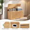 Kids storage bench with flip-top, rattan texture, and cut-out handles for easy access and child safety in natural.