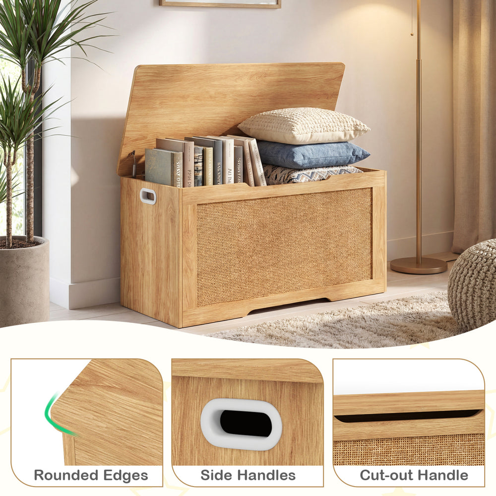 Kids storage bench with flip-top, rattan texture, and cut-out handles for easy access and child safety in natural.