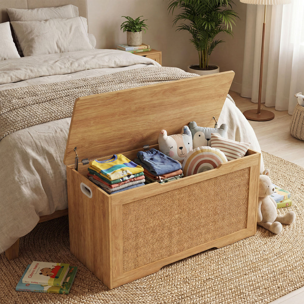 Kids storage bench with flip-top, rattan texture, and handles, perfect for toys in bedrooms or playrooms.