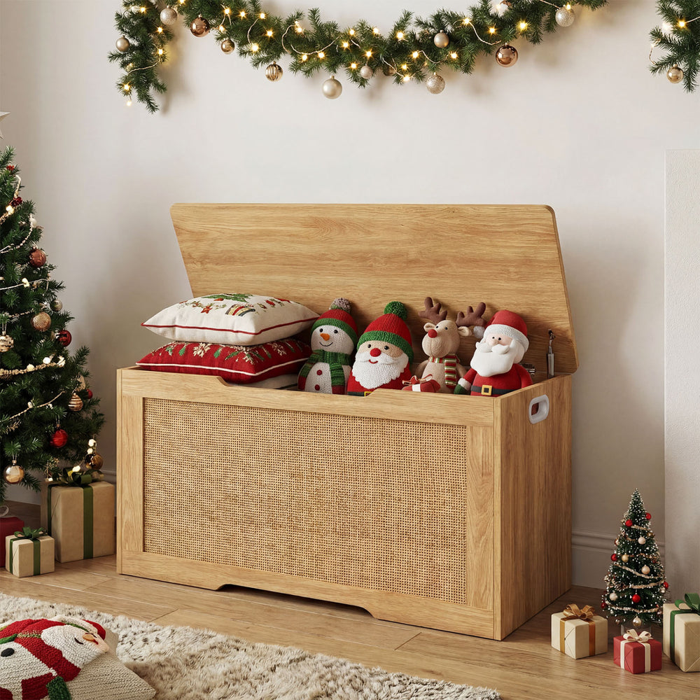 Kids storage bench with flip top, rattan texture, and handles, perfect for toy organization in playrooms or bedrooms.