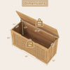 Kids storage bench with flip-top design, rattan texture, and dimensions for toy organization in playrooms or bedrooms.