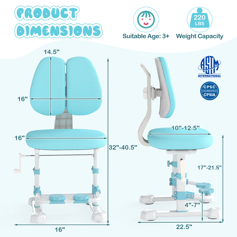 Kids study chair in blue with adjustable backrest and footrest dimensions for ergonomic support and comfort.