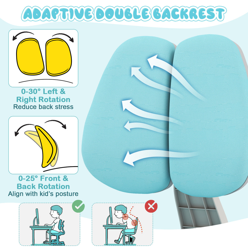 Adjustable double backrest of the blue kids study chair, promoting proper posture and comfort during study sessions.