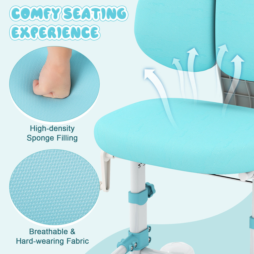 Kids study chair in blue featuring breathable fabric, high-density foam cushion, and adjustable backrest for comfort.