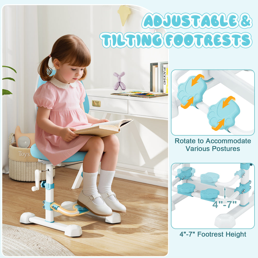 Kids study chair in blue with adjustable backrest and footrest, designed for comfort and proper posture during study.