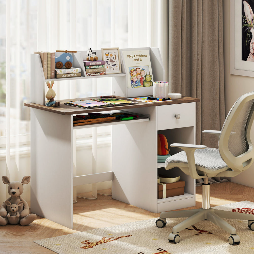 Kids Study Desk Children Writing Table with Drawer Shelves and Keyboard Tray-Natural - Gallery View 1 of 10