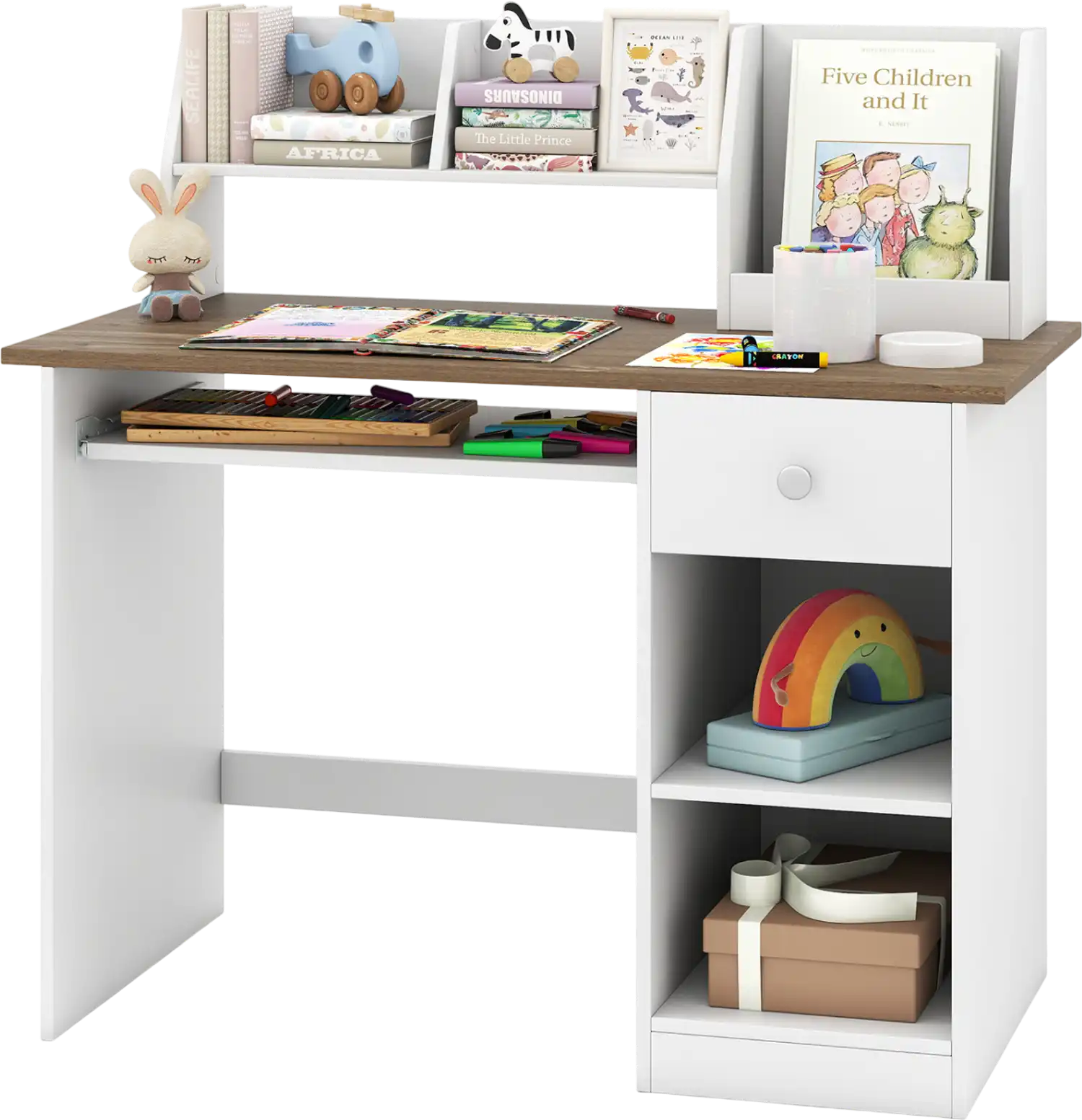 Costway Kids Study Desk Writing Table Hutch Drawer Shelves Keyboard Tray 43857216 New