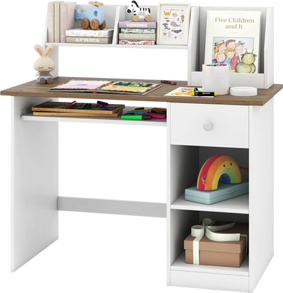 Costway Kids Study Desk Writing Table Hutch Drawer Shelves Keyboard Tray 43857216 New