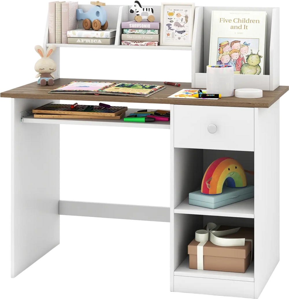 Kids study desk in white and natural wood with drawer, shelves, and keyboard tray for children's writing and study.