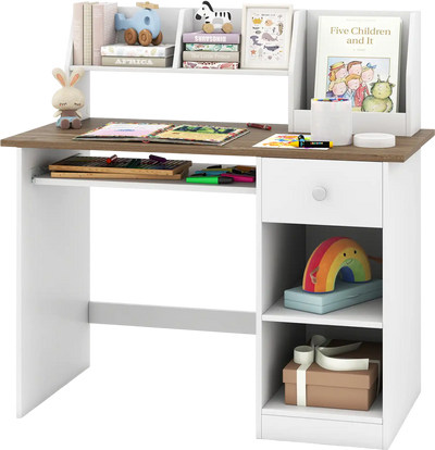 Costway Kids Study Desk Writing Table Hutch Drawer Shelves Keyboard Tray 43857216 New