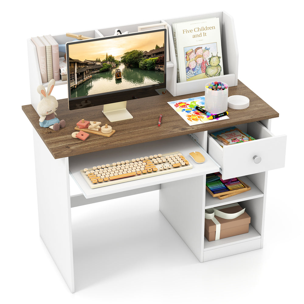Kids study desk with natural wood top, drawer, shelves, and keyboard tray, perfect for children's writing and study.