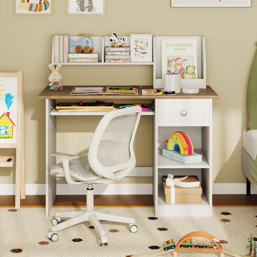 Kids study desk in natural finish with drawer, shelves, and keyboard tray, perfect for children's writing and study.