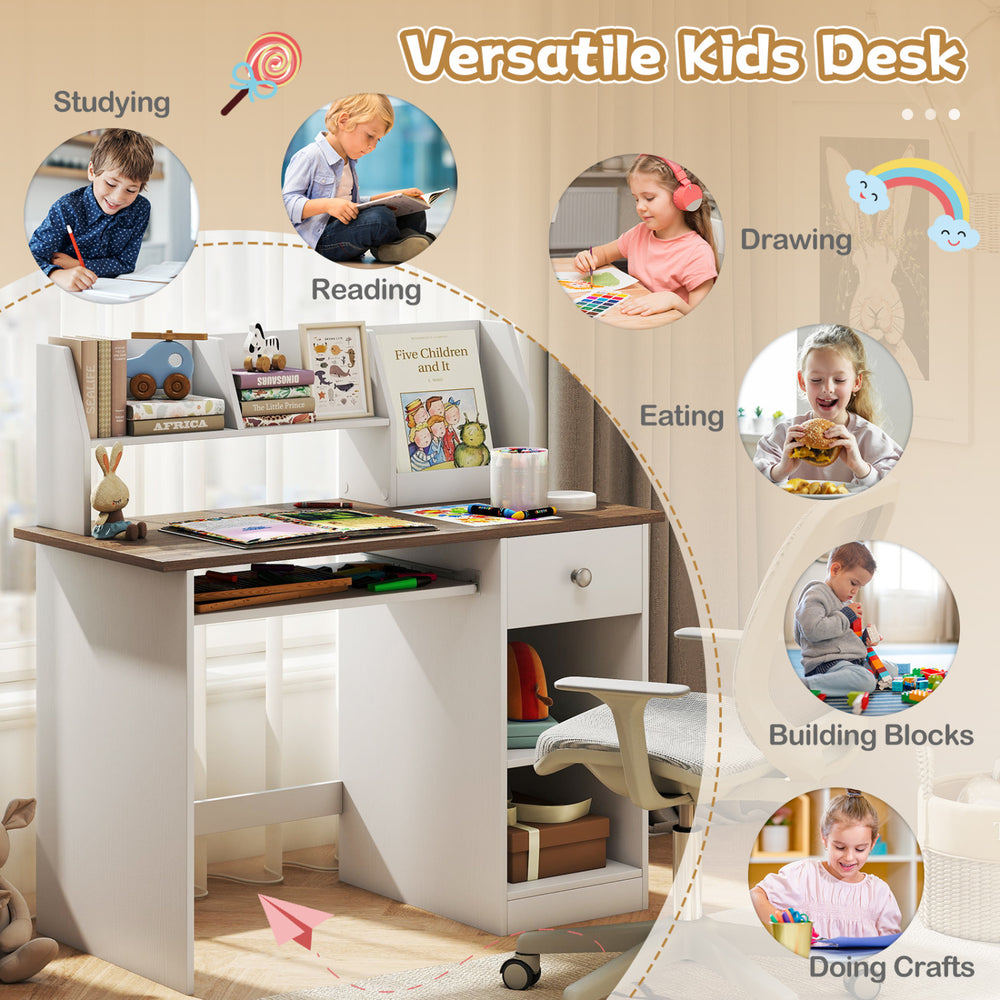 Kids study desk with drawer and shelves, perfect for writing, drawing, and crafts in a natural finish.