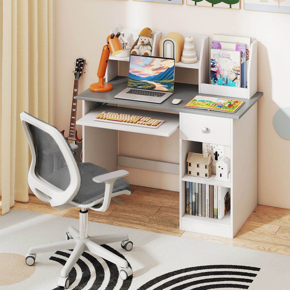 Kids Study Desk Children Writing Table with Hutch Drawer Shelves and Keyboard Tray-Gray - Gallery View 1 of 10