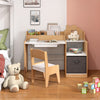 Kids study desk and chair set in natural wood with open shelves, drawer, and fabric storage bin for organized learning.