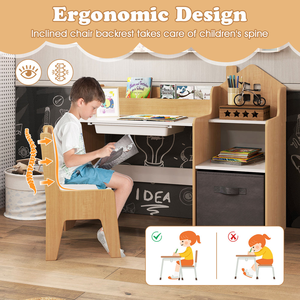 Kids study desk and chair set in natural wood, featuring ergonomic design and open shelves for easy access to supplies.