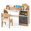 Kids study desk and chair set in natural finish with open shelves, pull-out drawer, and fabric storage bin for.
