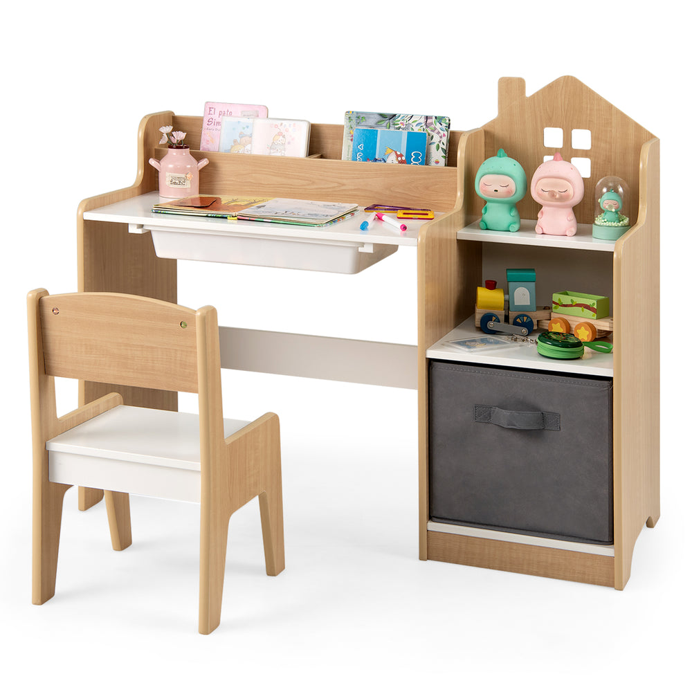 Kids study desk and chair set in natural finish with open shelves, pull-out drawer, and fabric storage bin for.