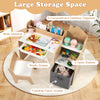 Kids study desk and chair set with open shelves, pull-out drawer, and fabric storage bin for organized play and study.