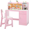 Kids study desk and chair set in white and pink with shelves, drawer, and cork bulletin board for imaginative.