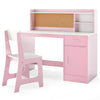 Kids study desk and chair set in white and pink with shelves, drawer, and cork bulletin board for creative activities.