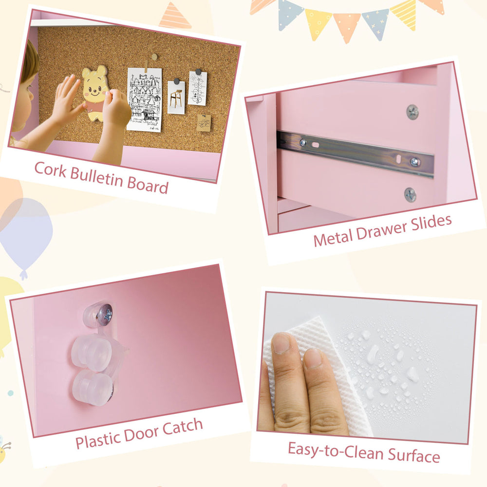 Cork bulletin board and easy-to-clean surface of the kids study desk and chair set in white and pink for imaginative.