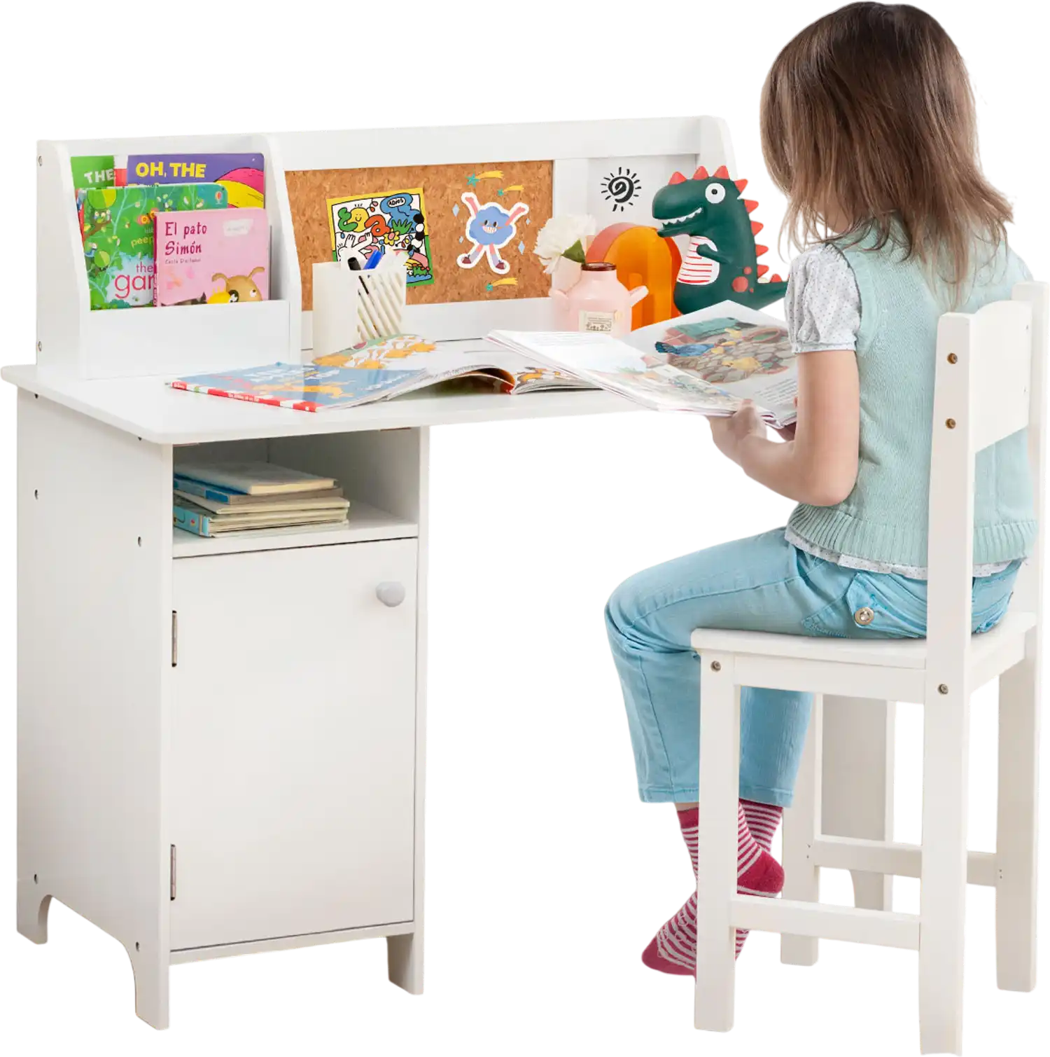 Costway Wooden Kids Study Desk Chair Set Storage Cabinet Bulletin Board White 79134658 New
