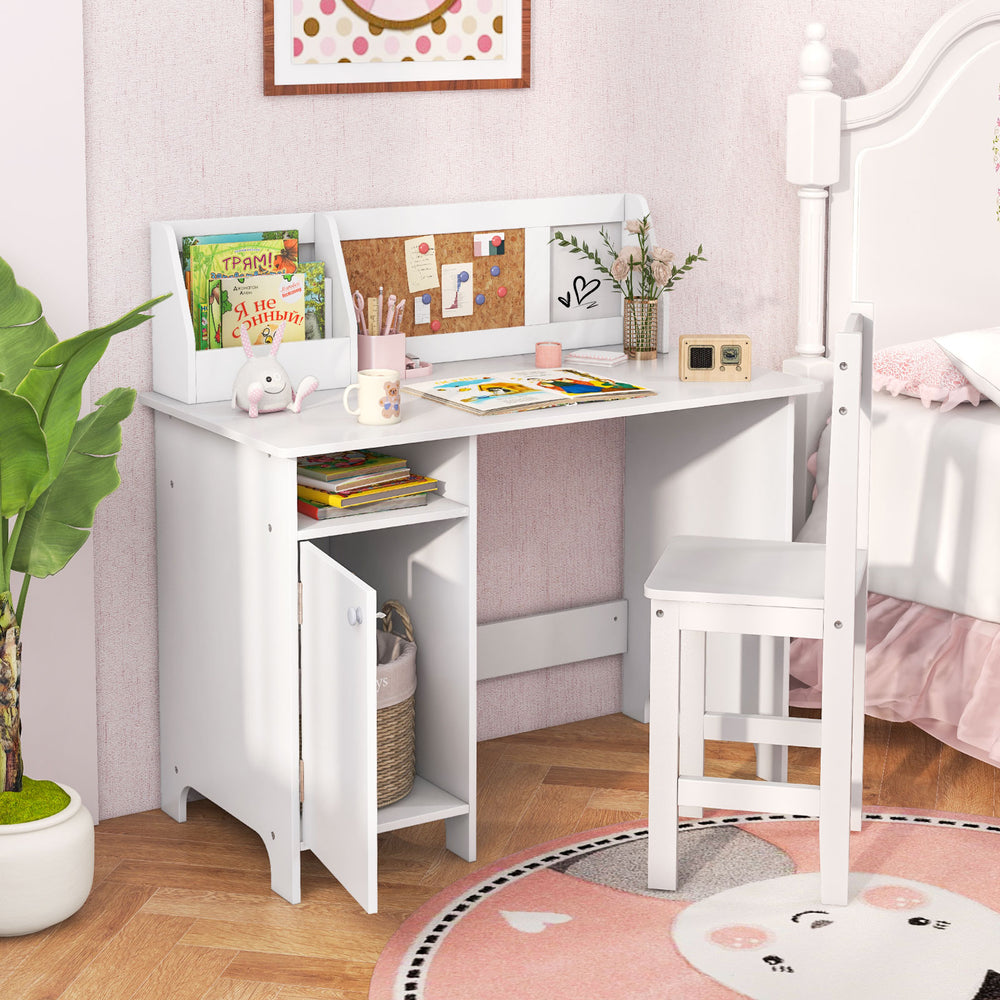 White wooden kids study desk and chair set with storage cabinet, bulletin board, and ergonomic design for children's.