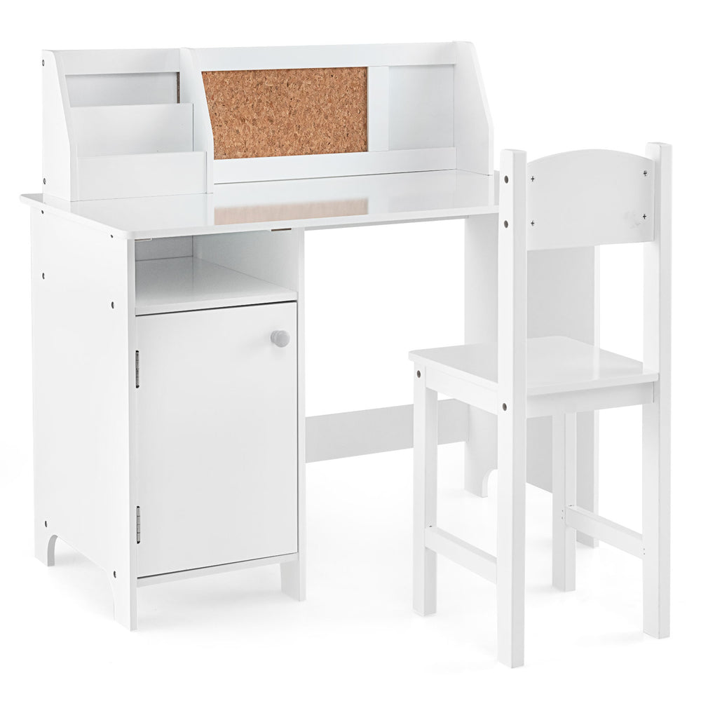 Kids study desk and chair set in white with storage cabinet, bulletin board, and ergonomic design for comfortable use.
